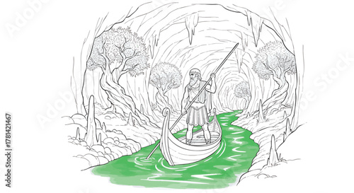 Ancient ferryman navigates a luminous green river through an enchanting subterranean grotto, journeying past mysterious rock formations in a fantastical, hidden realm