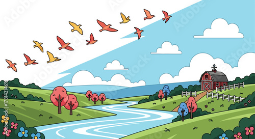 Countryside Landscape with Birds Flying over a River Near a Red Barn