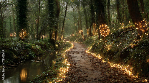 Fototapeta Naklejka Na Ścianę i Meble -  Enchanted forest path with fairy lights