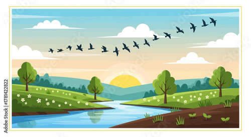 Scenic Flight Birds in Formation over Serene River Landscape Illustration