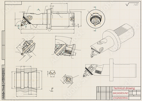 Mechanical engineering drawings on light background. Cutting tools, milling cutter. Technical Design. Cover. Blueprint. Horizontal seamless pattern. Vector illustration.