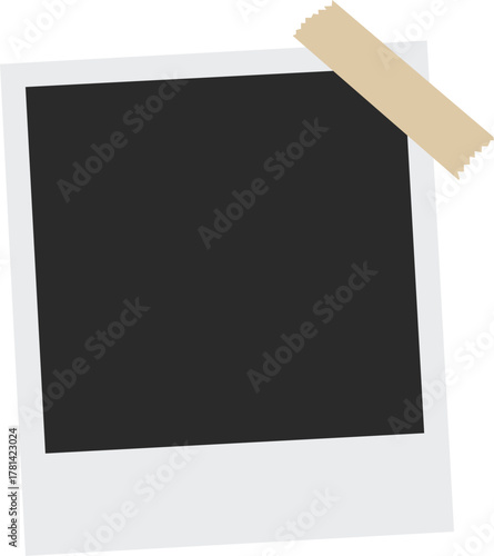 Realistic empty photo card frame, film set. Retro vintage photograph with transparent adhesive tape and paper clip. Digital snapshot image. Template or mockup for design. Vector illustration.