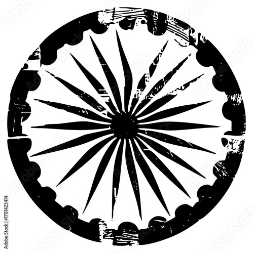 Circular emblem radiates energy within a geometric design