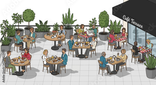 An inviting outdoor cafe terrace scene bustling with people enjoying food and drinks in a vibrant urban setting