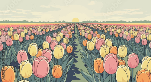Endless Blooming: Illustrated Tulip Field Under the Horizon Sun, Art Style
