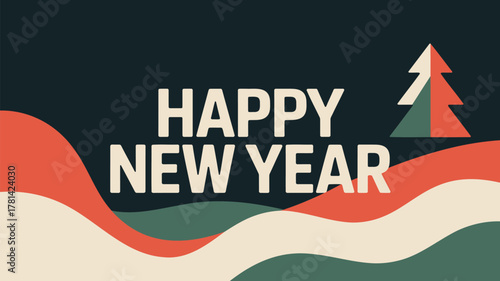 Happy new year greeting with stylized tree and wavy landscape in retro color palette