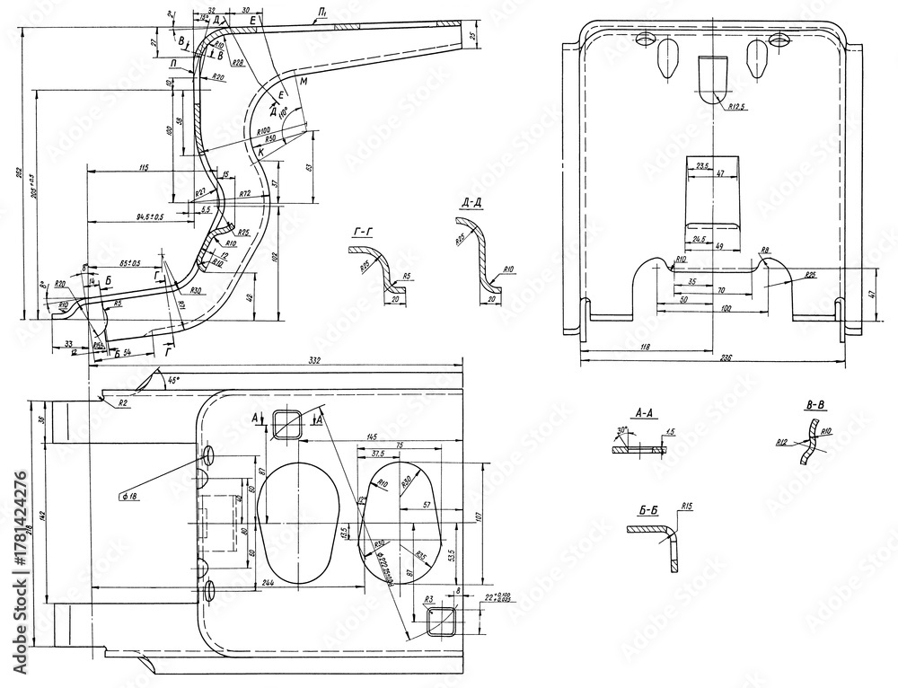 Obraz premium Assembly drawing of flip-up bracket of holder of truck spare tire. Engineering design of steel mechanical vehicle part. Computer modeling. Industrial cad scheme on paper sheet. Technology project. 