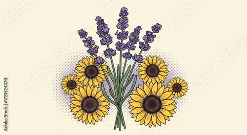 Delicate botanical illustration featuring sunflowers and lavender bouquet