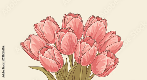 Delicate pastel tulips bouquet illustration on a creamy background color