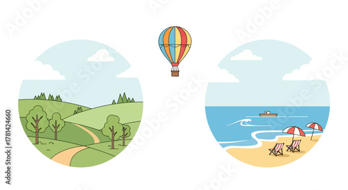 Explore Diverse Landscapes and Serene Beaches A Whimsical Hot Air Balloon Journey Illustrating Perfect Vacation Destinations