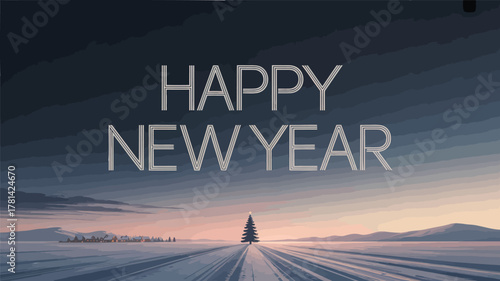 Happy new year greeting with a solitary decorated christmas tree in a snowy landscape at dusk