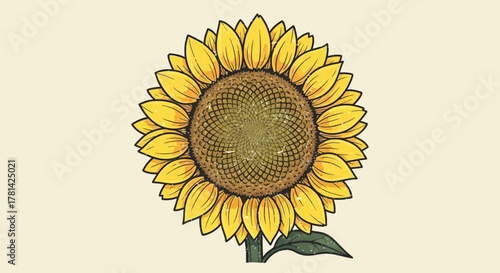 Stylized sunflower illustration with detailed seed head and bright petals