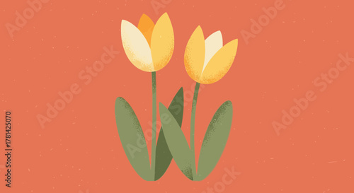 Stylized vector drawing showcasing a pair of yellow tulips against terracotta