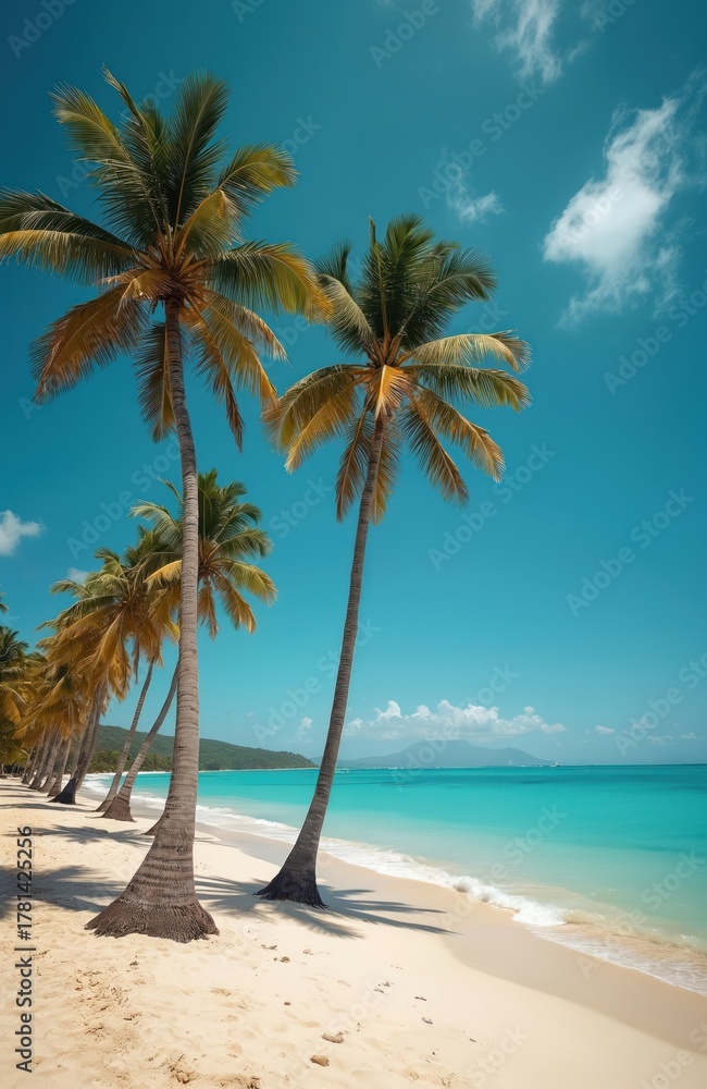 Obraz premium Palm trees line a white sand beach next to clear blue ocean water. Gentle waves lap the shore under a bright sunny sky with scattered clouds. Tropical island paradise awaits.
