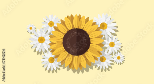 Vibrant Sunflower Surrounded by Delicate Daisies on Pale Yellow Background