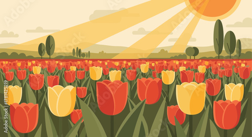 Vibrant tulip field under a sunny sky creating a peaceful landscape scene