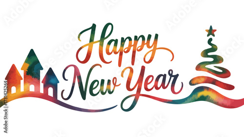 Happy new year text with colorful watercolor houses and christmas tree on white background
