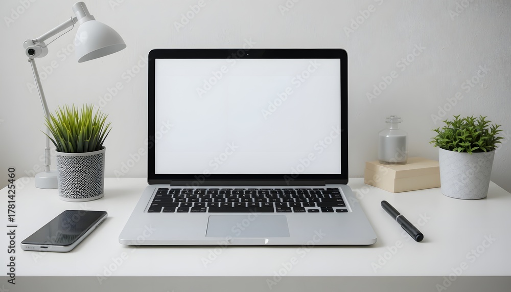 Fototapeta premium Clean modern workspace with laptop mockup for website design promotion, showcasing your brand with sleek tech on a pristine desk, inspiring productivity