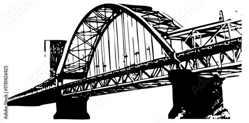 Bridge spans landscape in woodcut style