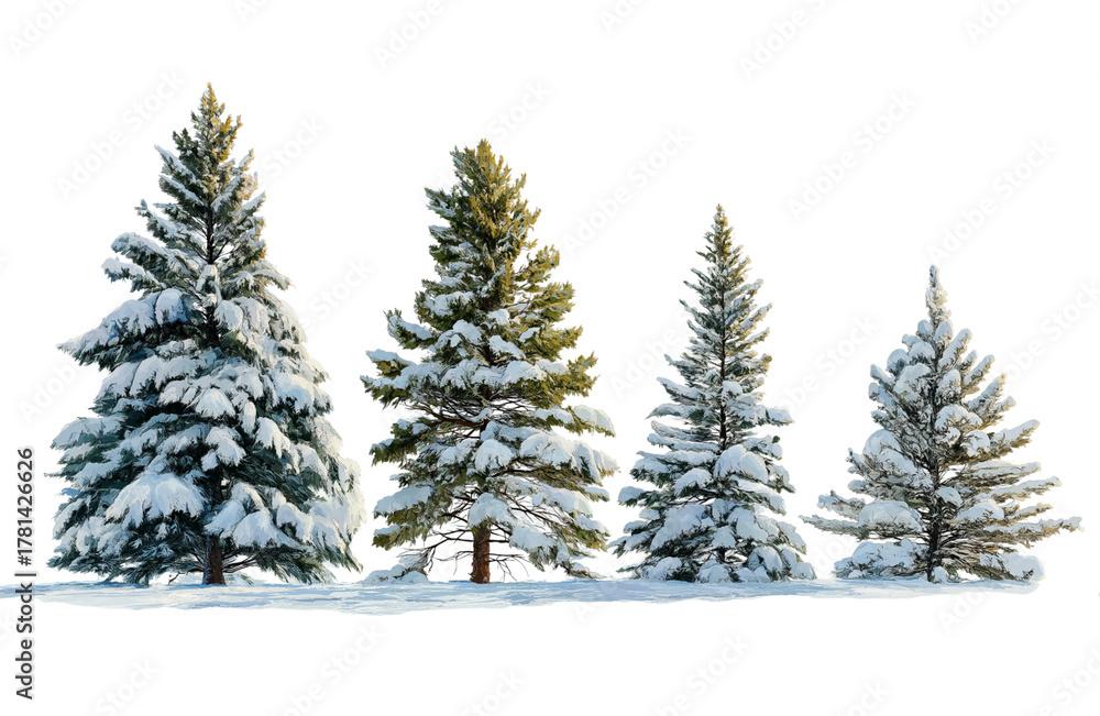 Obraz premium Four snowcovered pine trees standing in a row, isolated on transparent background