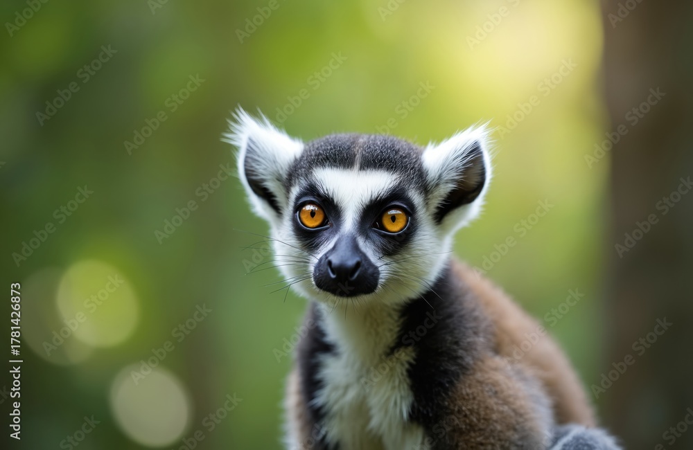 Obraz premium Ring tailed lemur monkey with big orange eyes looks forward. Cute primate with striped tail sits in green jungle leaves. Animal portrait in wild nature habitat.