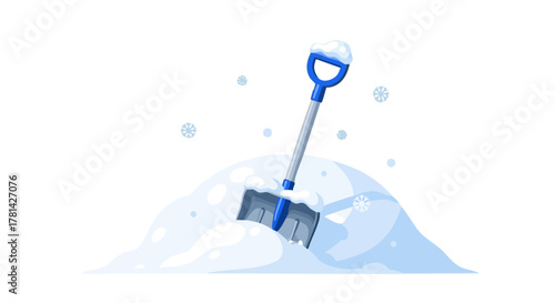 Snow shovel stuck in snowbank with snowflakes falling around  