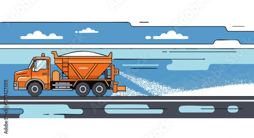 Salt truck spreading granules on icy road in a winter landscape  