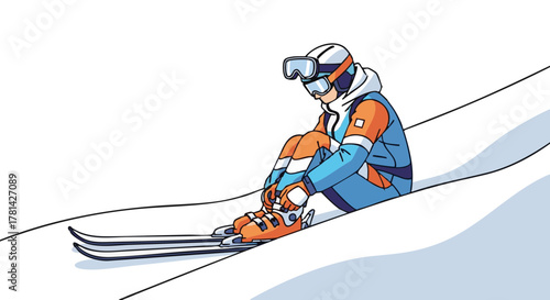 Skier sitting on snowbank tying ski boots in winter scenery  