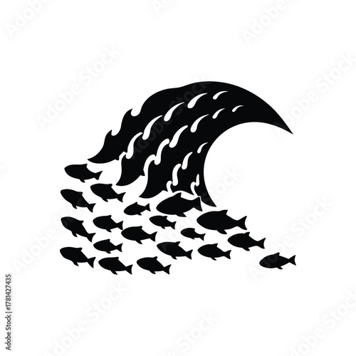 An artistic silhouette of a school of fish uniting to form a majestic ocean wave with a fiery crest, symbolizing collective power, emergent strength, and the synchronized harmony of marine life