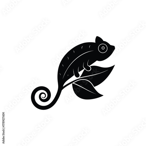 Black chameleon silhouette perched on a leafy branch, isolated on a white background. This clean vector icon is perfect for a logo or graphic design element representing wildlife and adaptation