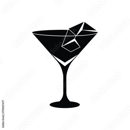 A sleek, black silhouette of a cocktail glass containing a drink and stylized ice cubes. This minimalist vector graphic icon is an isolated symbol representing a bar, beverage, or celebration