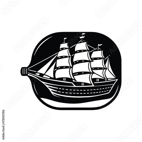 Elegant Ship in a Bottle Illustration A Classic Nautical Design with Detailed Sails and Hull for Maritime Enthusiasts