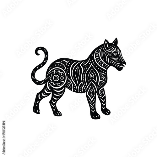 Tribal patterned black panther illustration with intricate ornamental details, featuring a stylized, artistic design on a white background, evoking a sense of wild elegance and mystique