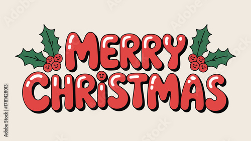 Retro style merry christmas text with holly berries and cute faces on cream background