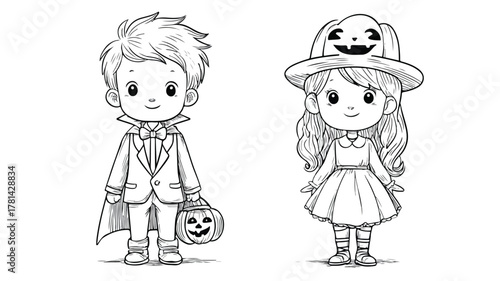 Kids Halloween Costume Vector Illustration with Outline Design