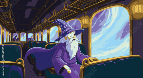 Wizard on a Train A Magical Journey Through the Snowy Landscape, Heading to an Adventure