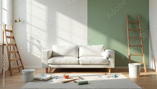 Living room redecoration with wall painting in progress. Sofa and ladders stand in empty apartment. Home improvement and DIY renovation with paint tools for interior design update.