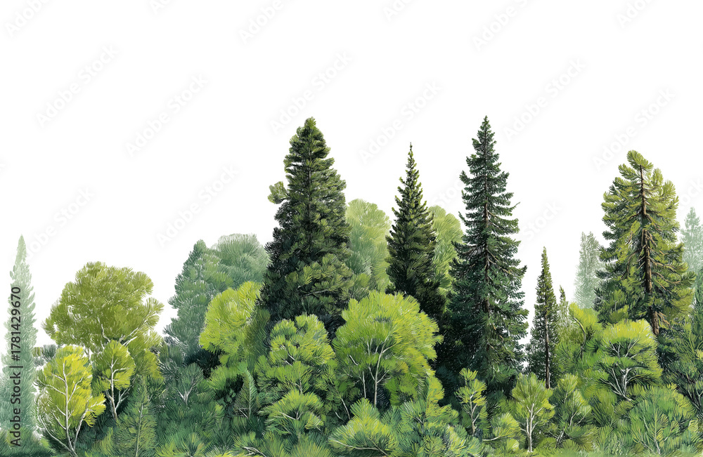 Fototapeta premium A dense arrangement of coniferous and deciduous trees, forming a natural forest edge against a clean transparent background