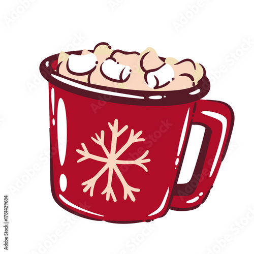 Red mug of hot chocolate with marshmallows and snowflake print. Cozy cartoon doodle style winter drink for holiday cards, stickers, or festive design, vector illustration.