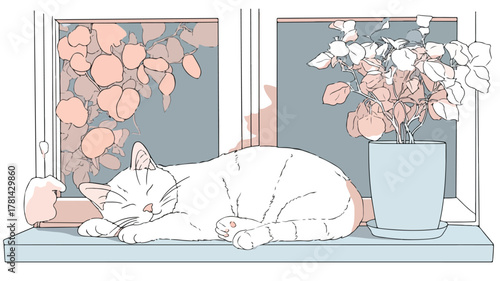 Cozy Cat Sleeping on Window Sill with Plant in Corner