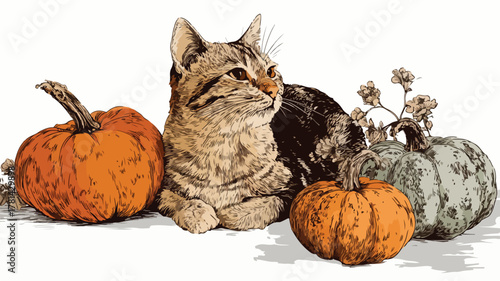 Cute Cat Sitting Next to Pumpkins on White Background Vector Illustration