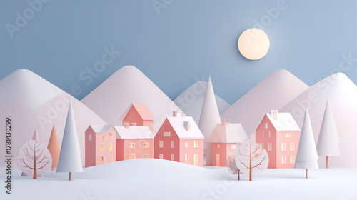 Christmas-themed illustration of a small house under a snow-capped mountain