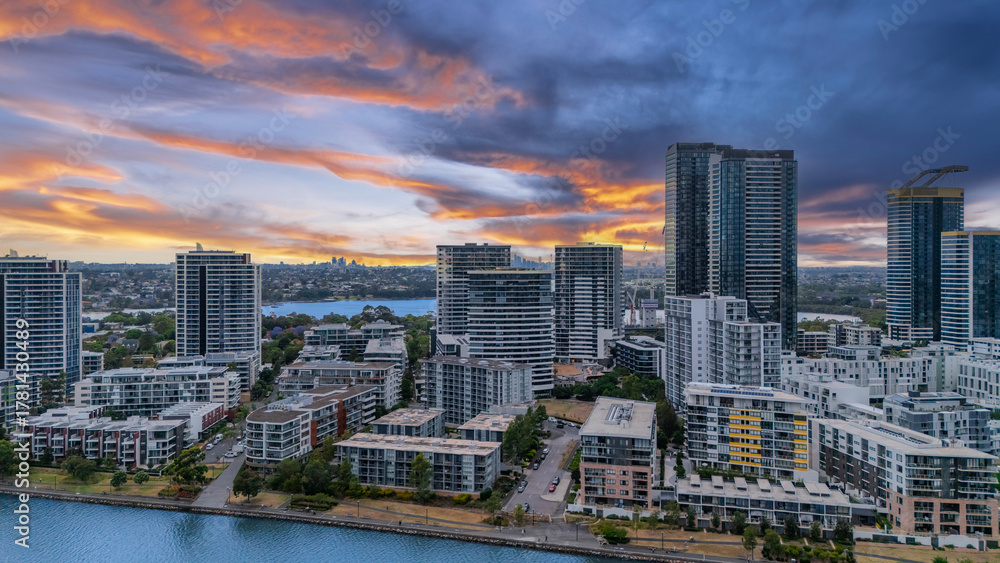 Obraz premium Wentworth Point a suburb in western Sydney newly built residential high rise apartments area on Parramatta River Sydney NSW Australia