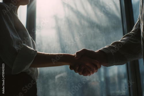 Close-up of a handshake between a man and a woman in soft natural light, representing business partnership, trust, agreement, and professional communication.