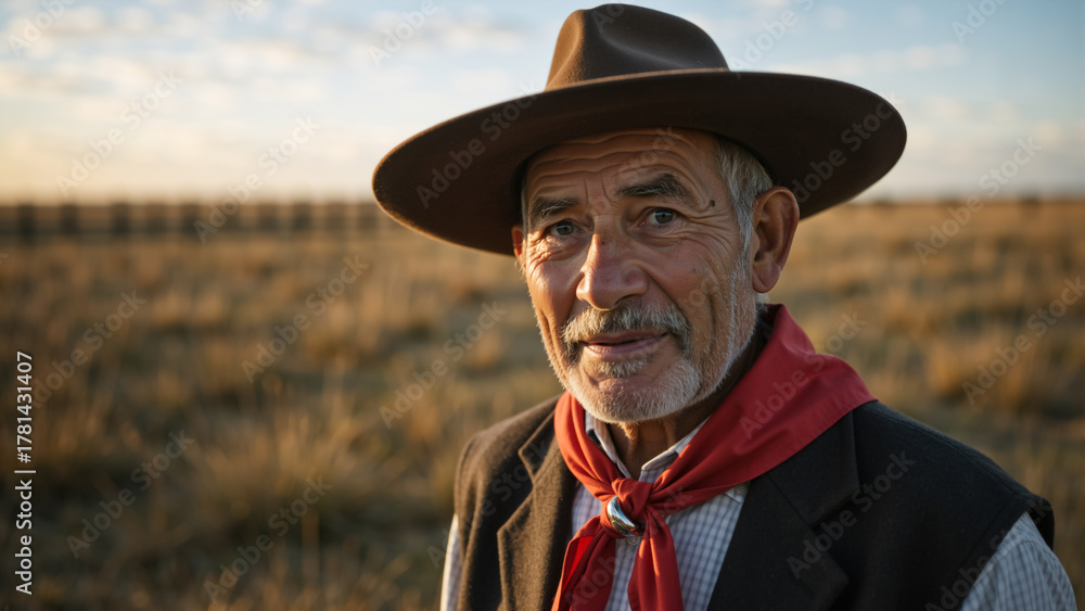 Fototapeta premium Portrait of a senior Argentinian gaucho in traditional clothing. Elderly rancher with a weathered face wearing a hat in a rural field at sunset