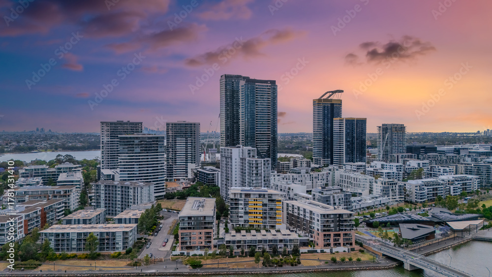Obraz premium Wentworth Point a suburb in western Sydney newly built residential high rise apartments area on Parramatta River Sydney NSW Australia