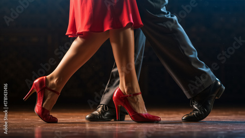 Close-up of a couple's legs dancing the tango. Woman in red high heels and man in black shoes on a wooden stage floor. Passionate Argentine ballroom dance performance