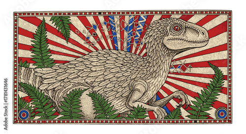 Feathered raptor illustration with lush ferns and patriotic starburst, a powerful and detailed vintage-style prehistoric artwork