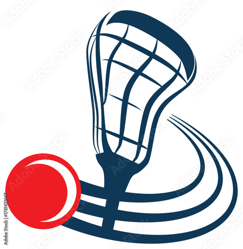 Lacrosse stick on white background with flying ball.