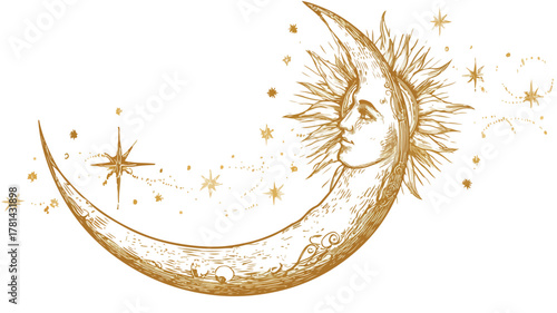 Celestial Crescent Moon, Sun, and Stars Vector with Outline for Design Projects
